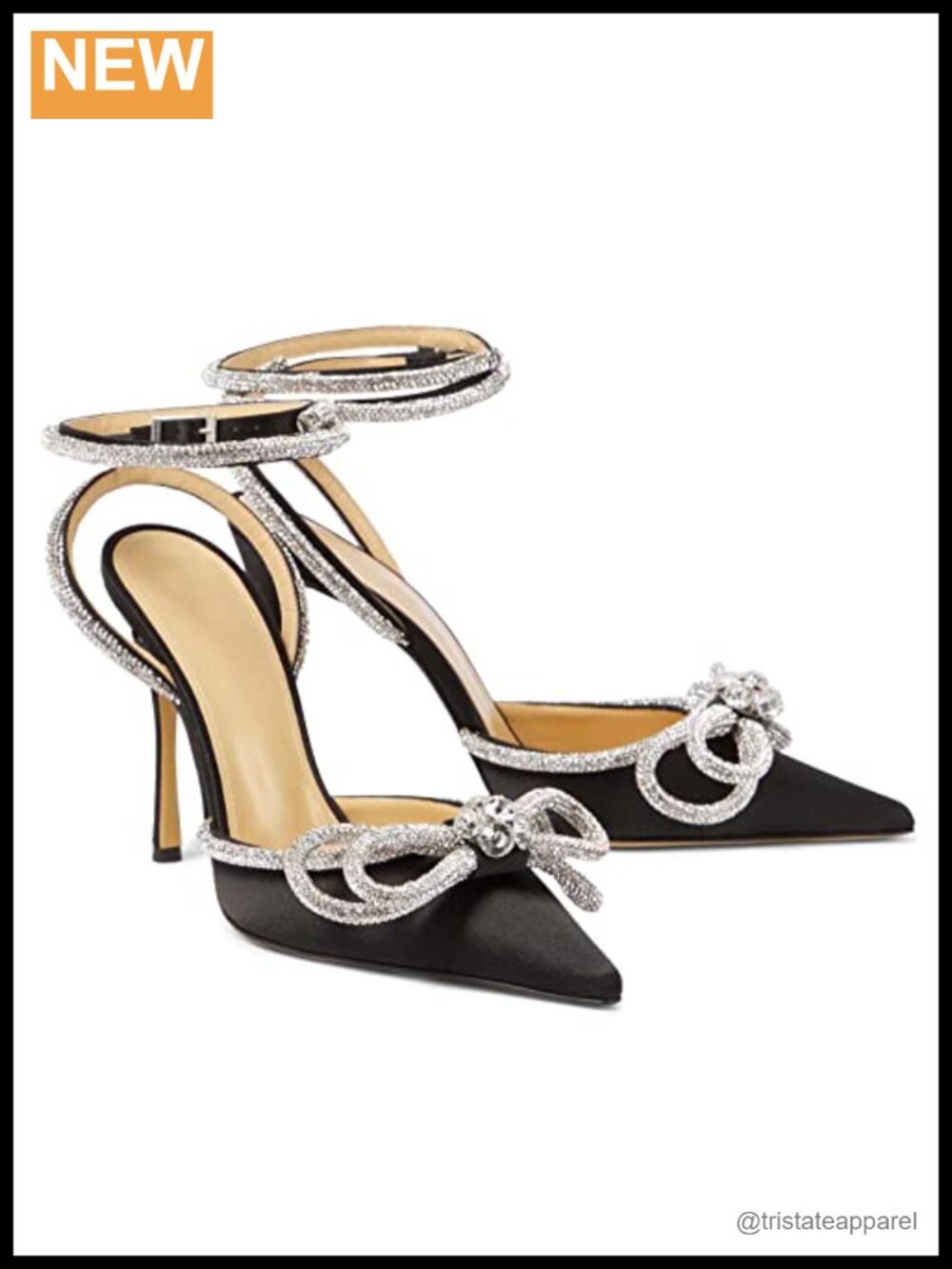 Faux Leather Pointed Toe Crystal Bow Ankle Strap Stiletto Heeled Sandals 4"